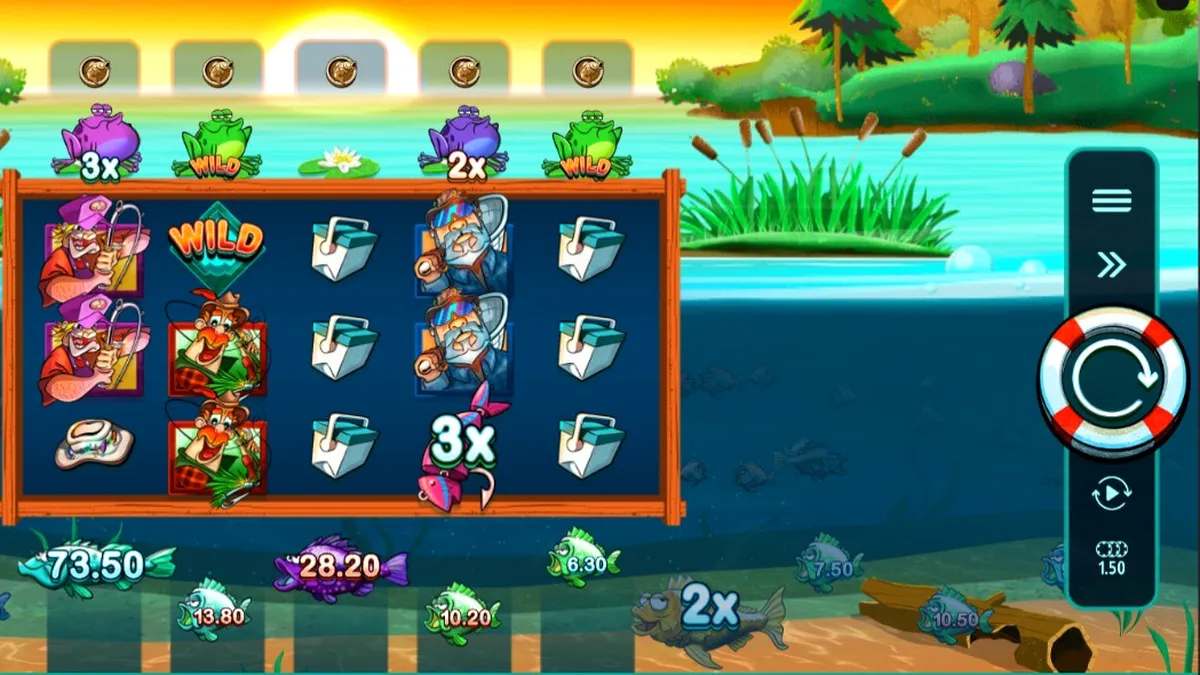 Tampilan visual slot All About the Bass 2: Froggy Style dengan tema rawa dan nelayan kartun