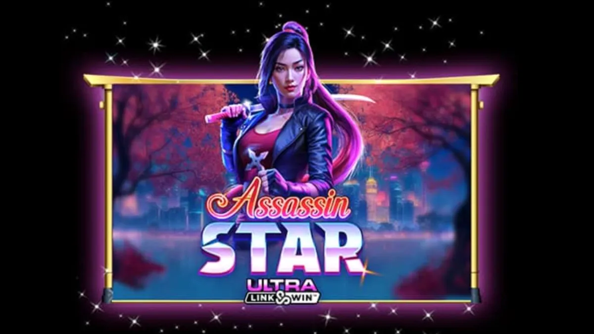 Tampilan visual slot Assassin Star dengan tema neon Jepang dan simbol shuriken.