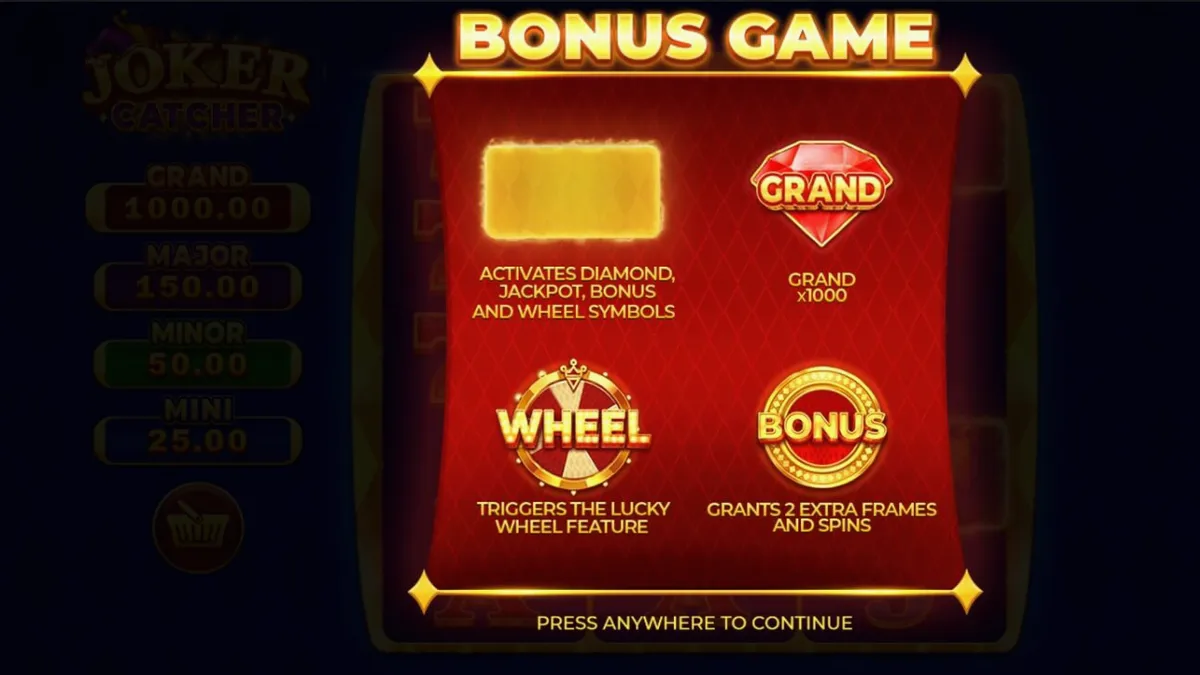 Tampilan layar permainan slot Joker Catcher dengan simbol klasik dan Joker di tengah